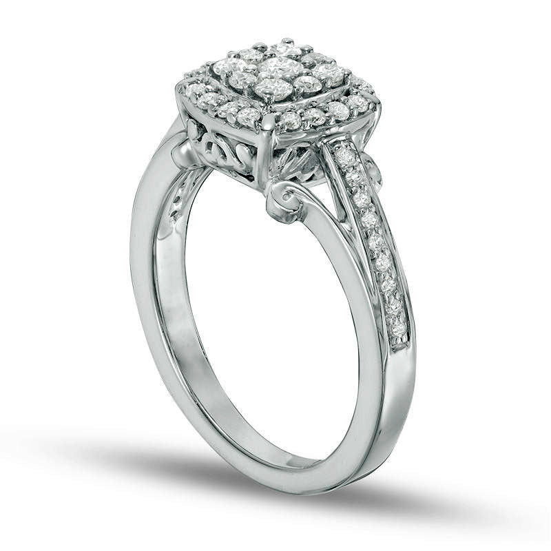 0.50 CT. T.W. Composite Natural Diamond Cushion Frame Engagement Ring in Solid 14K White Gold