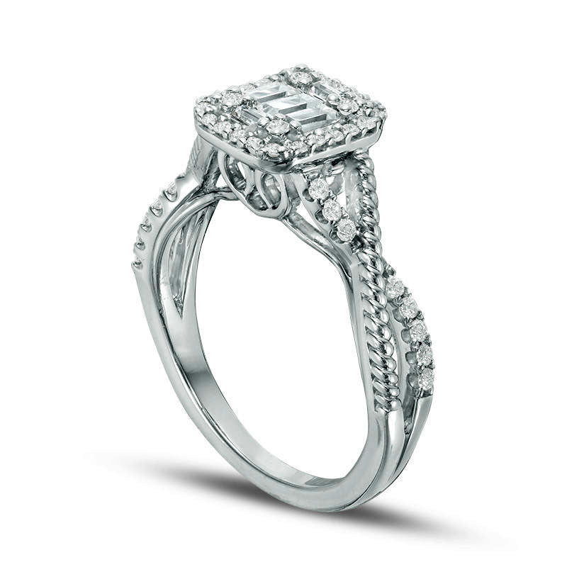 0.50 CT. T.W. Baguette and Round Composite Natural Diamond Cushion Frame Twist Engagement Ring in Solid 14K White Gold