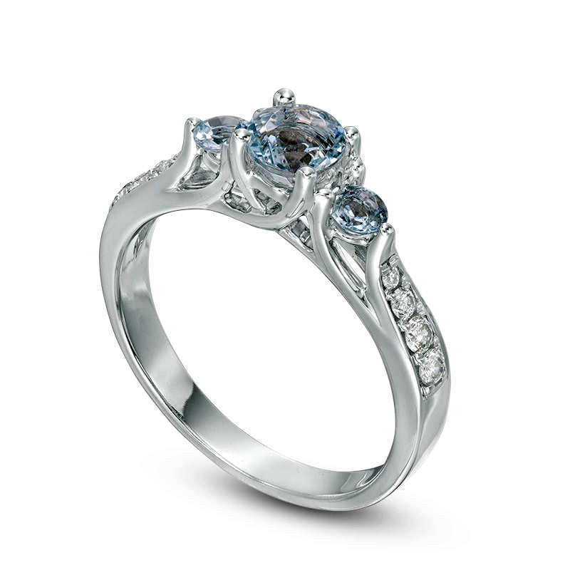Aquamarine and 0.17 CT. T.W. Natural Diamond Three Stone Ring in Solid 10K White Gold