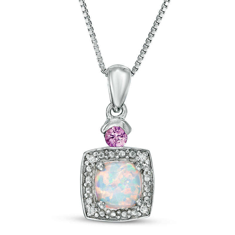 6.0mm Cushion-Cut Lab-Created Opal, Pink Sapphire and Diamond Accent Frame Pendant in Sterling Silver