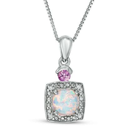 6.0mm Cushion-Cut Lab-Created Opal, Pink Sapphire and Diamond Accent Frame Pendant in Sterling Silver