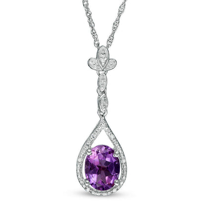 Oval Amethyst and Natural Diamond Accent Pear-Shaped Drop Pendant in Sterling Silver