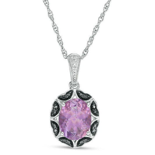 Oval Amethyst and Enhanced Black Natural Diamond Accent Scallop Frame Pendant in Sterling Silver