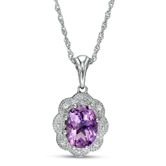 Oval Amethyst and Natural Diamond Accent Flower Frame Antique Vintage-Style Pendant in Sterling Silver