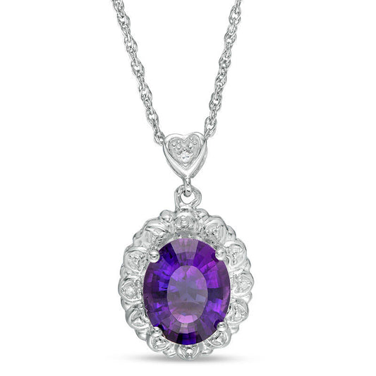 Oval Amethyst and Natural Diamond Accent Heart Frame Pendant in Sterling Silver