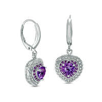 6.0mm Heart-Shaped Amethyst, Lab-Created White Sapphire, and Diamond Accent Frame Drop Earrings in Sterling Silver