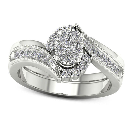 0.50 CT. T.W. Composite Natural Diamond Bypass Antique Vintage-Style Bridal Engagement Ring Set in Solid 14K White Gold