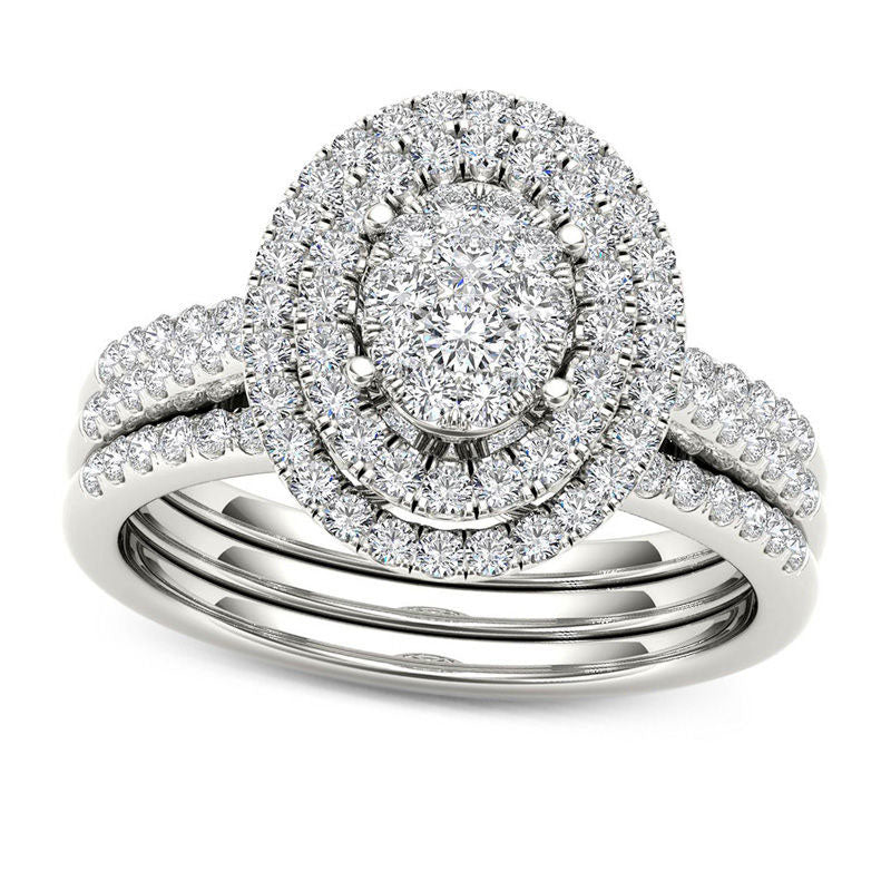 0.63 CT. T.W. Composite Natural Diamond Double Oval Frame Three Piece Bridal Engagement Ring Set in Solid 10K White Gold