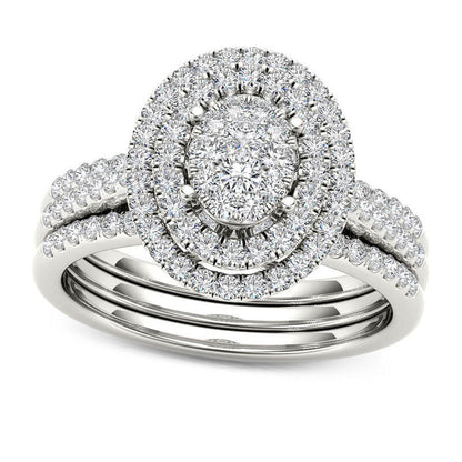 0.63 CT. T.W. Composite Natural Diamond Double Oval Frame Three Piece Bridal Engagement Ring Set in Solid 10K White Gold