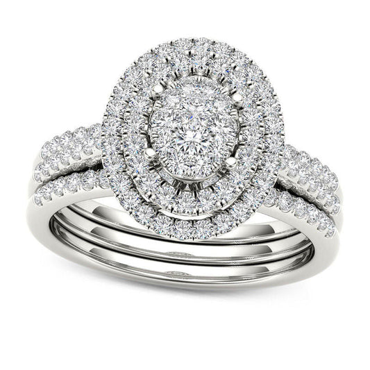 0.63 CT. T.W. Composite Natural Diamond Double Oval Frame Three Piece Bridal Engagement Ring Set in Solid 10K White Gold