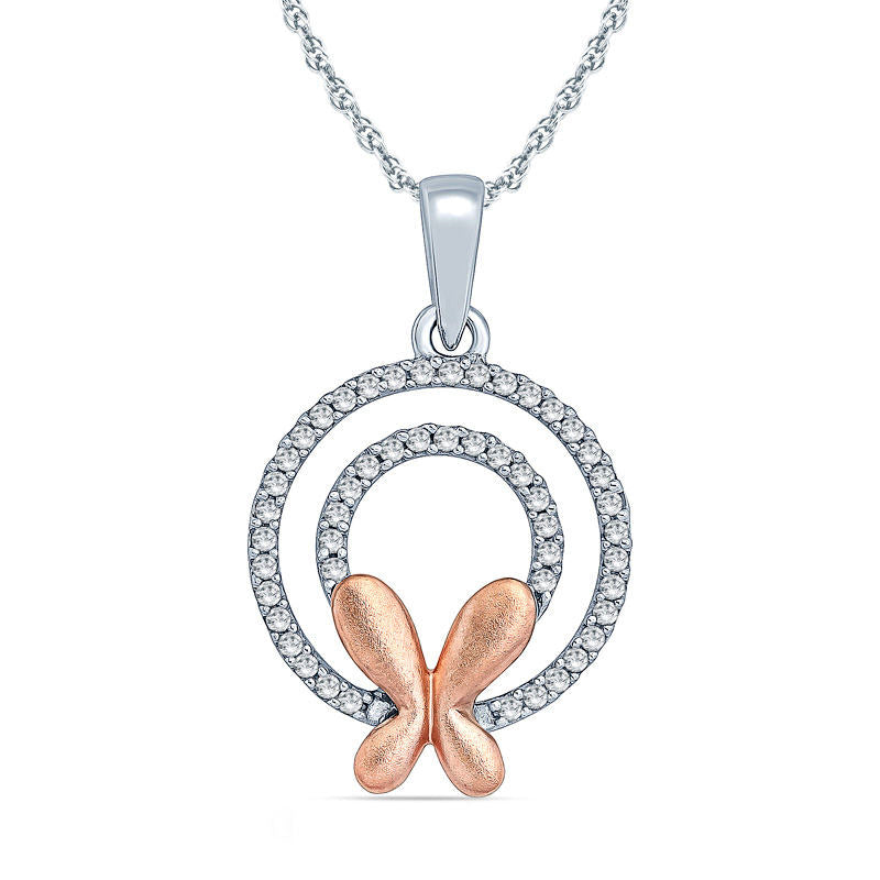 0.1 CT. T.W. Natural Diamond Butterfly Double Circle Pendant in Sterling Silver and 10K Rose Gold