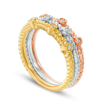 0.10 CT. T.W. Natural Diamond Rope-Textured Three Piece Stackable Band Set in Sterling Silver with Solid 14K Two-Tone Gold Plate