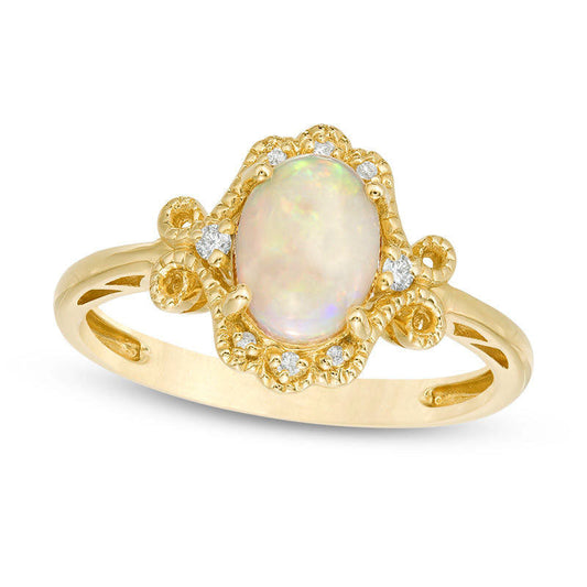 Oval Opal and 0.05 CT. T.W. Natural Diamond Filigree Antique Vintage-Style Ring in Solid 14K Gold
