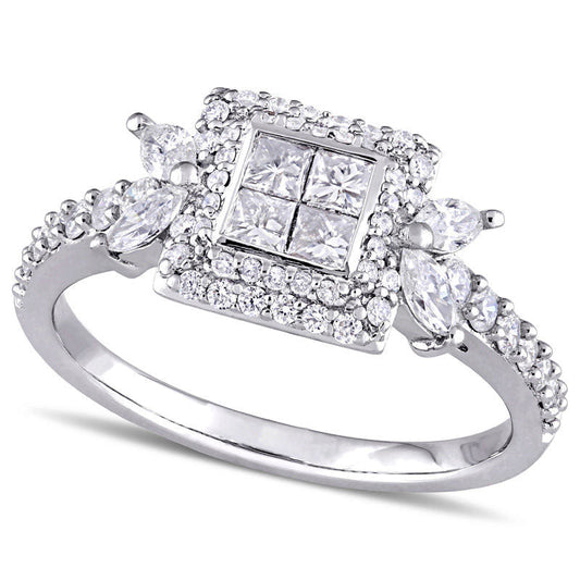 0.88 CT. T.W. Quad Princess-Cut Natural Diamond Double Frame Engagement Ring in Solid 14K White Gold