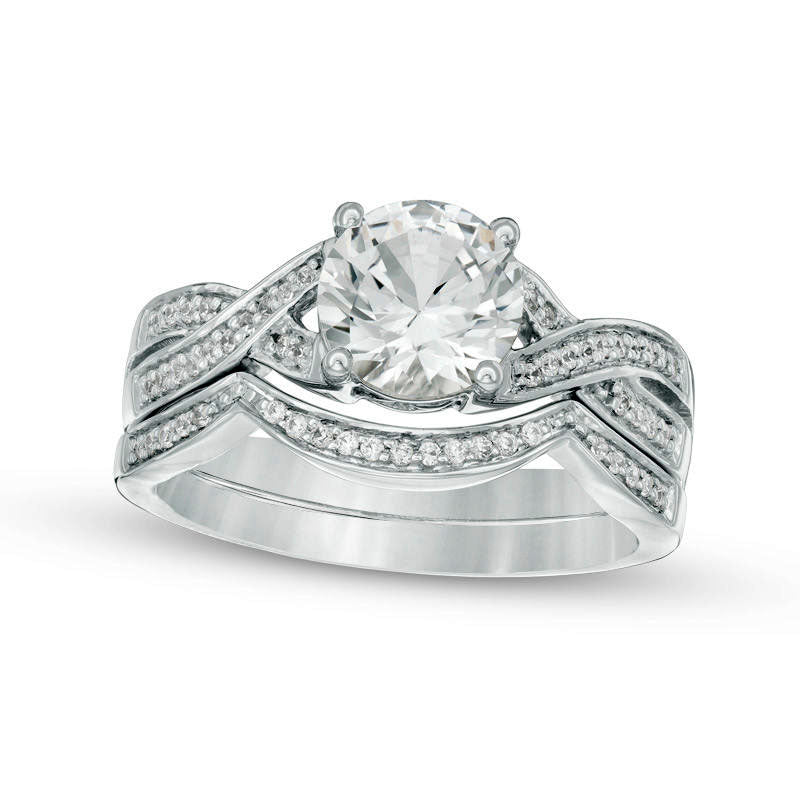 7.0mm Lab-Created White Sapphire and 0.17 CT. T.W. Diamond Twist Bridal Engagement Ring Set in Solid 10K White Gold