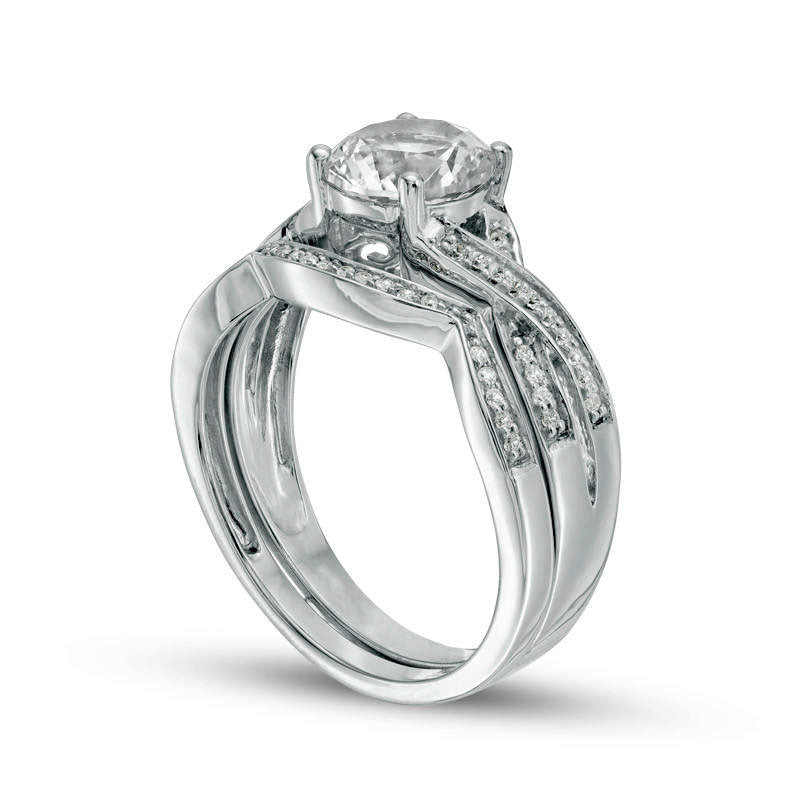 7.0mm Lab-Created White Sapphire and 0.17 CT. T.W. Diamond Twist Bridal Engagement Ring Set in Solid 10K White Gold