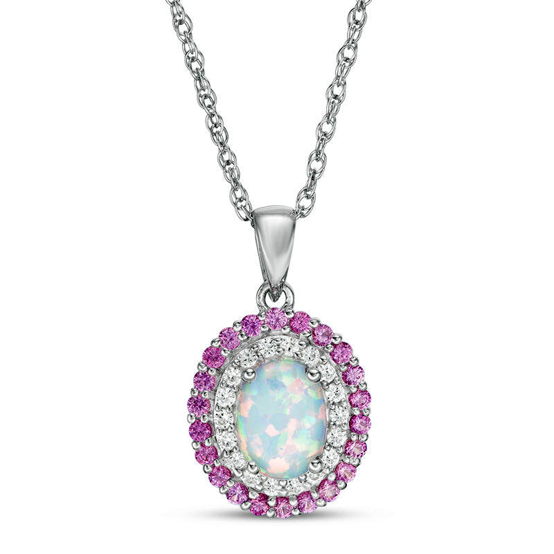 Oval Lab-Created Opal with Pink and White Sapphire Double Frame Pendant in Sterling Silver