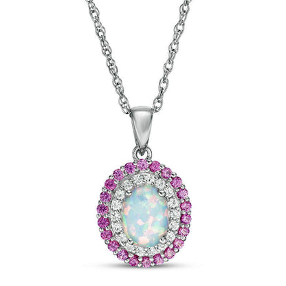 Oval Lab-Created Opal with Pink and White Sapphire Double Frame Pendant in Sterling Silver