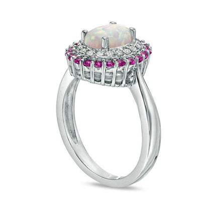 Oval Lab-Created Opal with Pink and White Sapphire Double Frame Ring in Sterling Silver - Size 7