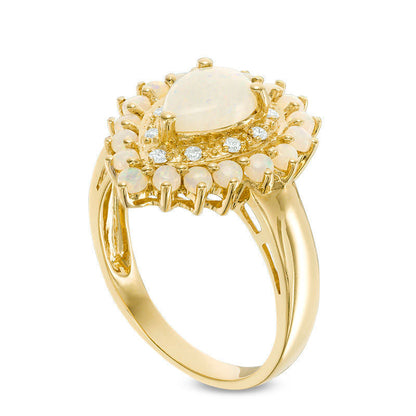 Pear-Shaped Opal and 0.07 CT. T.W. Natural Diamond Double Frame Ring in Solid 14K Gold