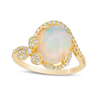 Oval Opal and 0.33 CT. T.W. Natural Diamond Bypass Flower Frame Ring in Solid 18K Gold