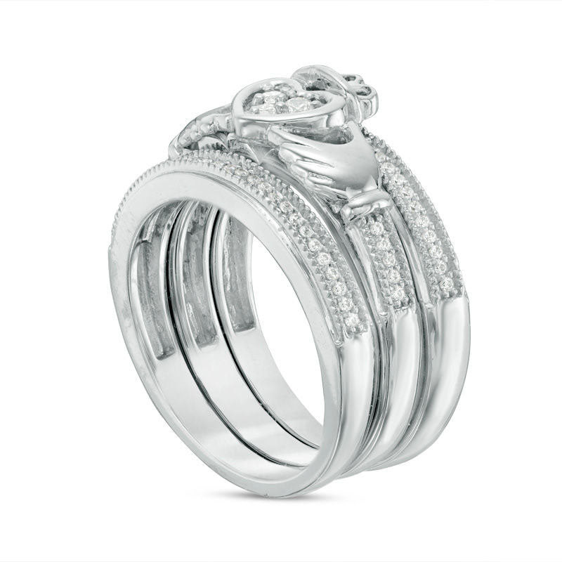 0.25 CT. T.W. Natural Diamond Claddagh Antique Vintage-Style Three Piece Bridal Engagement Ring Set in Sterling Silver