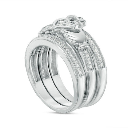 0.25 CT. T.W. Natural Diamond Claddagh Antique Vintage-Style Three Piece Bridal Engagement Ring Set in Sterling Silver