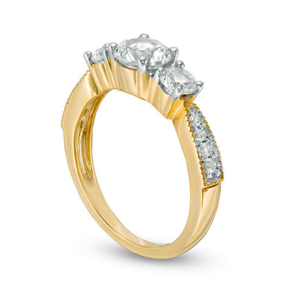 Lab-Created White Sapphire Three Stone Engagement Ring in Solid 10K Yellow Gold