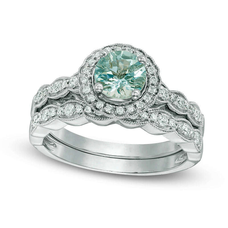6.0mm Aquamarine and 0.33 CT. T.W. Natural Diamond Frame Antique Vintage-Style Bridal Engagement Ring Set in Solid 14K White Gold