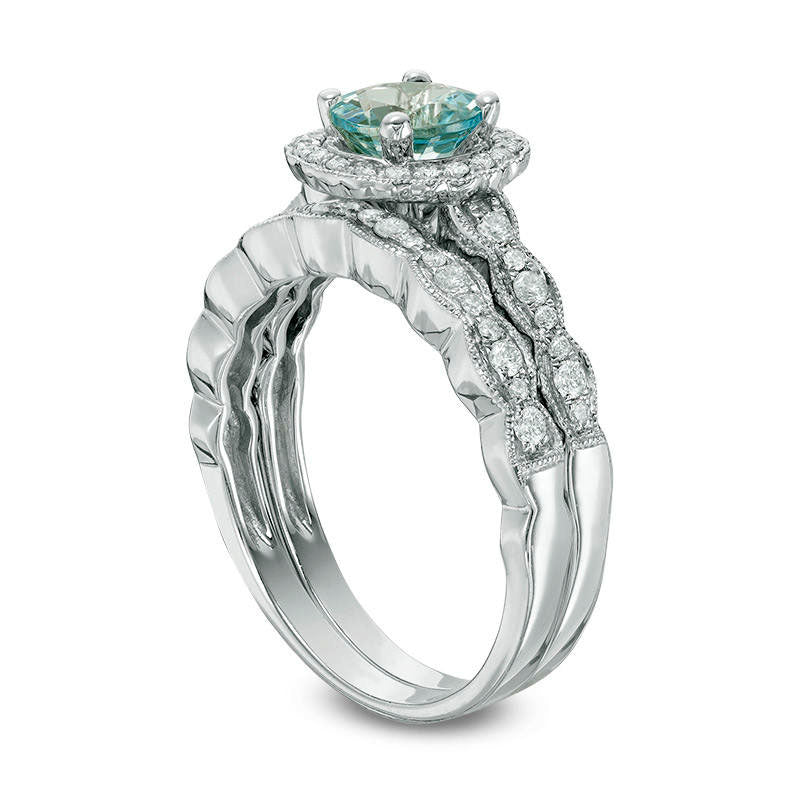 6.0mm Aquamarine and 0.33 CT. T.W. Natural Diamond Frame Antique Vintage-Style Bridal Engagement Ring Set in Solid 14K White Gold