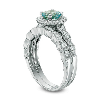 6.0mm Aquamarine and 0.33 CT. T.W. Natural Diamond Frame Antique Vintage-Style Bridal Engagement Ring Set in Solid 14K White Gold