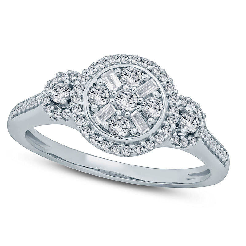 0.50 CT. T.W. Composite Natural Diamond Three Stone Frame Engagement Ring in Solid 10K White Gold