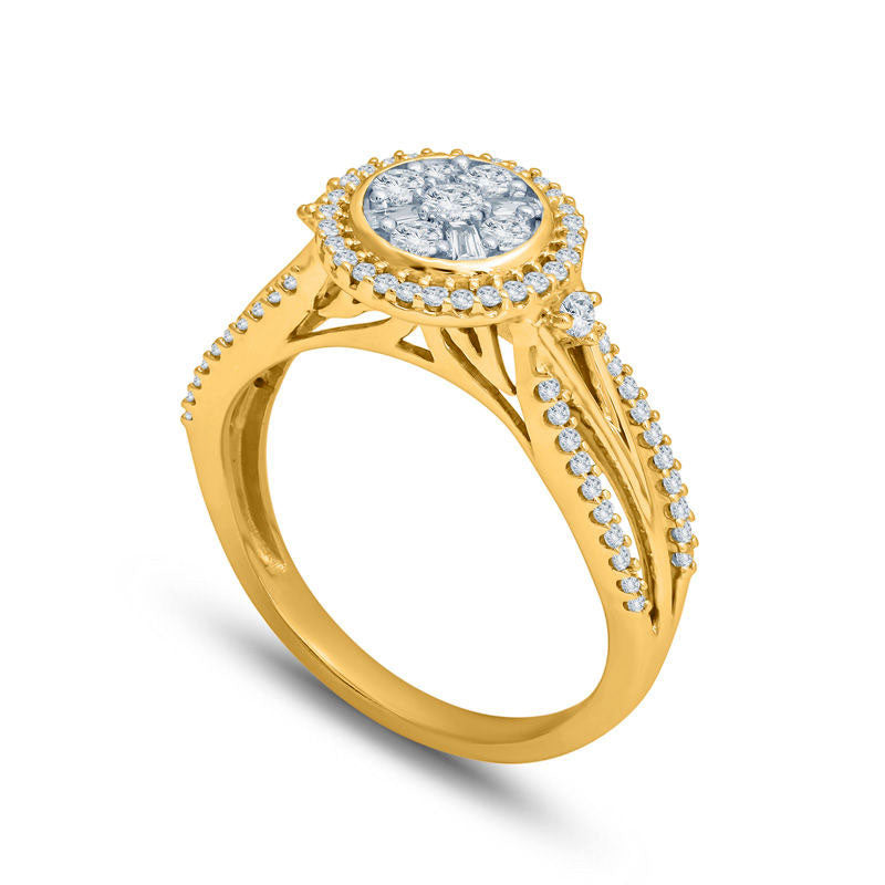 0.50 CT. T.W. Composite Natural Diamond Frame Multi-Row Split Shank Engagement Ring in Solid 10K Yellow Gold