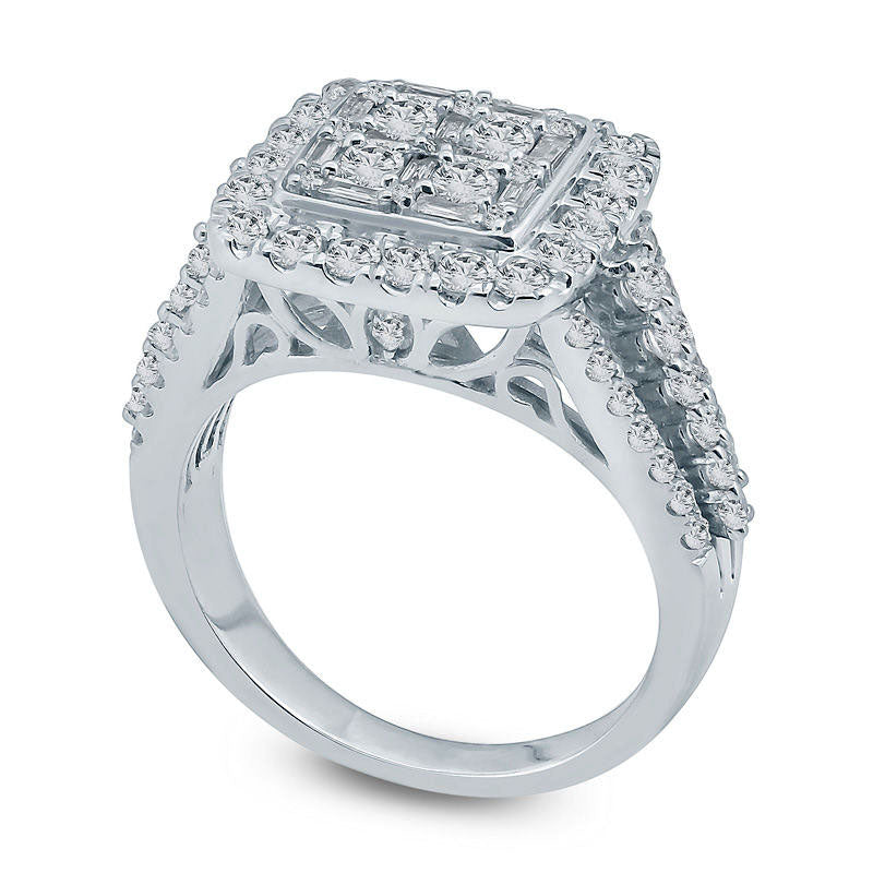 1.5 CT. T.W. Composite Natural Diamond Square Frame Multi-Row Engagement Ring in Solid 10K White Gold