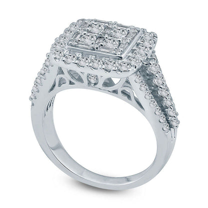 1.5 CT. T.W. Composite Natural Diamond Square Frame Multi-Row Engagement Ring in Solid 10K White Gold