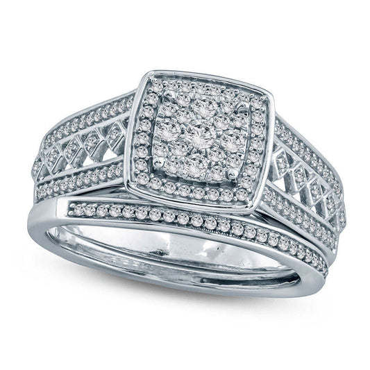 0.50 CT. T.W. Composite Natural Diamond Square Frame Multi-Row Bridal Engagement Ring Set in Sterling Silver