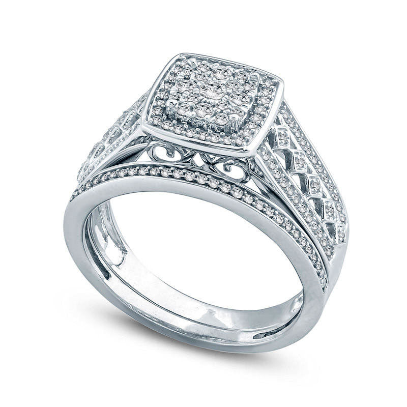 0.50 CT. T.W. Composite Natural Diamond Square Frame Multi-Row Bridal Engagement Ring Set in Sterling Silver