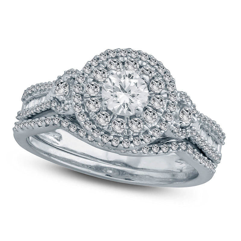 1.0 CT.T .W. Natural Diamond Double Frame Bridal Engagement Ring Set in Solid 10K White Gold