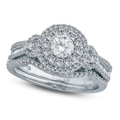 1.0 CT.T .W. Natural Diamond Double Frame Bridal Engagement Ring Set in Solid 10K White Gold