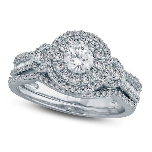 1.0 CT.T .W. Natural Diamond Double Frame Bridal Engagement Ring Set in Solid 10K White Gold