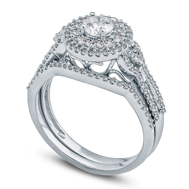1.0 CT.T .W. Natural Diamond Double Frame Bridal Engagement Ring Set in Solid 10K White Gold