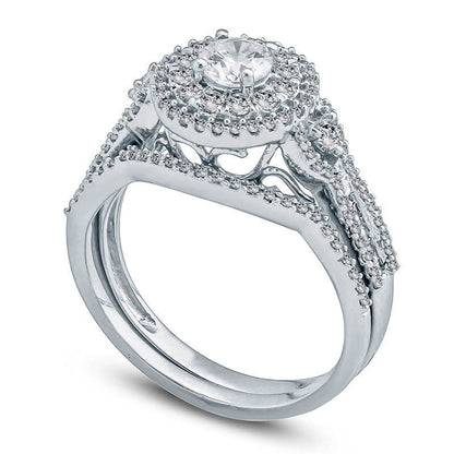 1.0 CT.T .W. Natural Diamond Double Frame Bridal Engagement Ring Set in Solid 10K White Gold