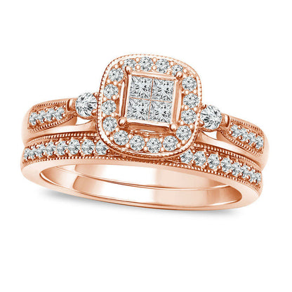 0.50 CT. T.W. Quad Princess-Cut Natural Diamond Frame Antique Vintage-Style Bridal Engagement Ring Set in Solid 10K Rose Gold