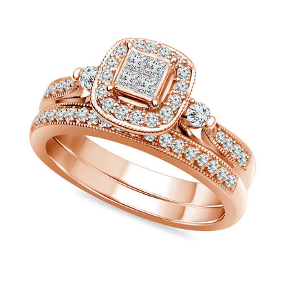 0.50 CT. T.W. Quad Princess-Cut Natural Diamond Frame Antique Vintage-Style Bridal Engagement Ring Set in Solid 10K Rose Gold