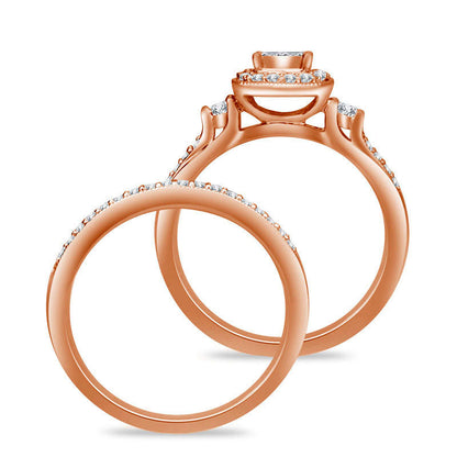 0.50 CT. T.W. Quad Princess-Cut Natural Diamond Frame Antique Vintage-Style Bridal Engagement Ring Set in Solid 10K Rose Gold