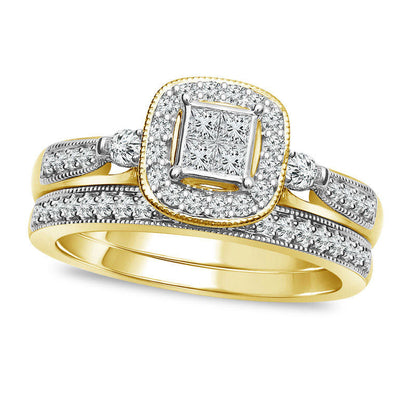 0.50 CT. T.W. Quad Princess-Cut Natural Diamond Frame Antique Vintage-Style Bridal Engagement Ring Set in Solid 10K Two-Toned Gold