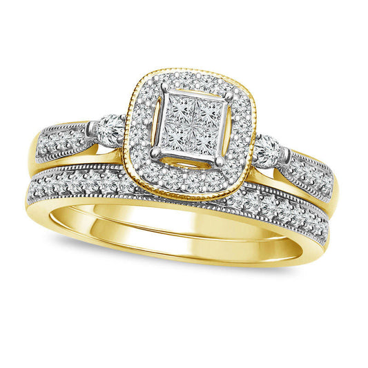 0.50 CT. T.W. Quad Princess-Cut Natural Diamond Frame Antique Vintage-Style Bridal Engagement Ring Set in Solid 10K Two-Toned Gold