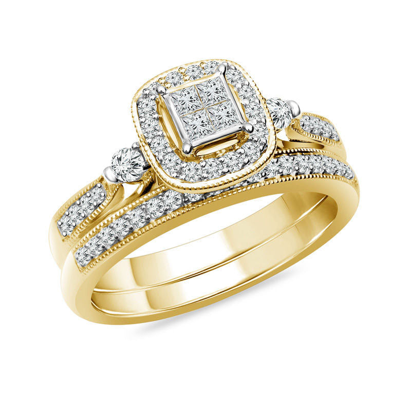 0.50 CT. T.W. Quad Princess-Cut Natural Diamond Frame Antique Vintage-Style Bridal Engagement Ring Set in Solid 10K Two-Toned Gold