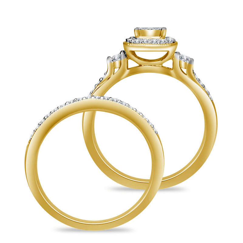 0.50 CT. T.W. Quad Princess-Cut Natural Diamond Frame Antique Vintage-Style Bridal Engagement Ring Set in Solid 10K Two-Toned Gold