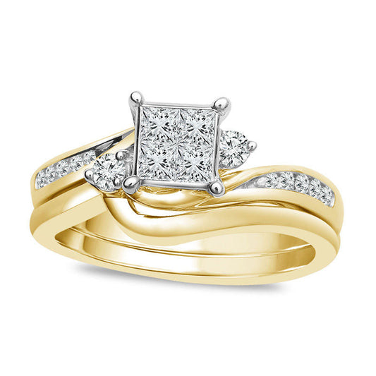 0.50 CT. T.W. Quad Princess-Cut Natural Diamond Bypass Bridal Engagement Ring Set in Solid 10K Yellow Gold